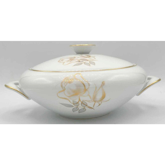 Vintage KPM Krister Germany Covered Serving Bowl. Gold Rose Design - Picture 1 of 14